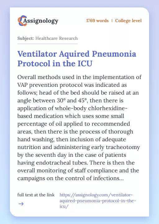 Ventilator Aquired Pneumonia Protocol in the ICU - Essay Preview