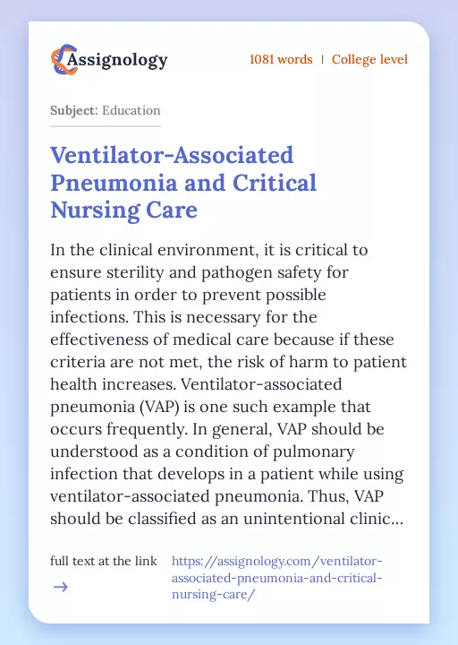 Ventilator-Associated Pneumonia and Critical Nursing Care - Essay Preview