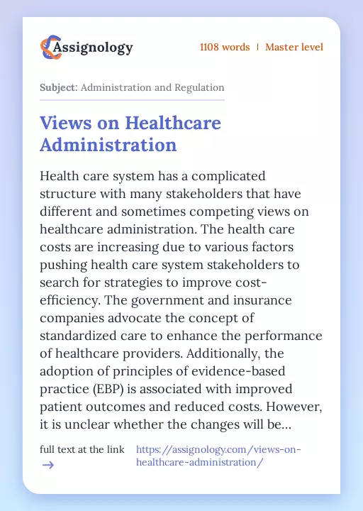 Views on Healthcare Administration - Essay Preview