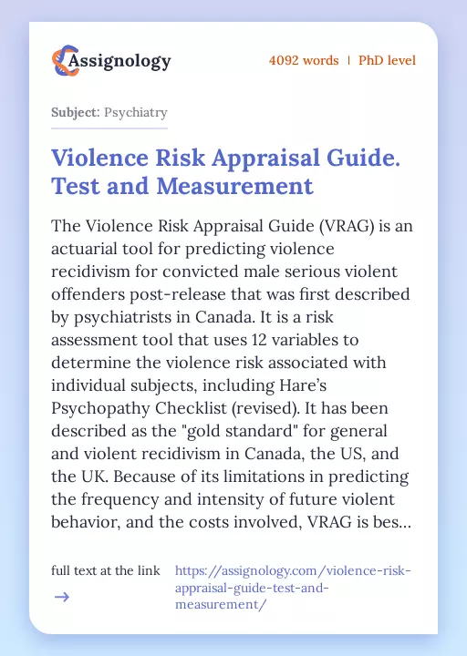 Violence Risk Appraisal Guide. Test and Measurement - Essay Preview