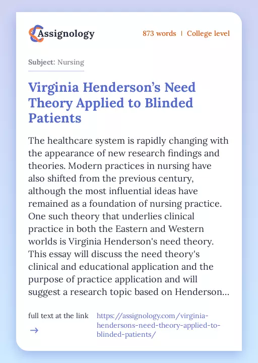 Virginia Henderson’s Need Theory Applied to Blinded Patients - Essay Preview