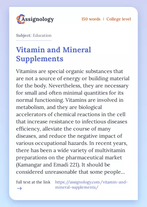 Vitamin and Mineral Supplements - Essay Preview