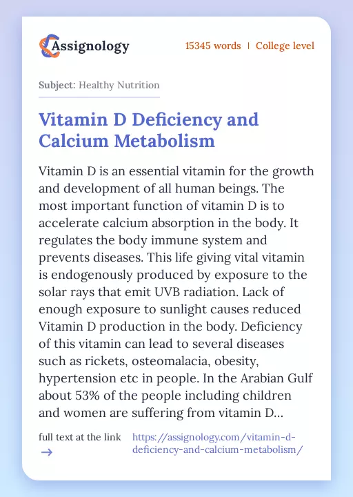 Vitamin D Deficiency and Calcium Metabolism - Essay Preview