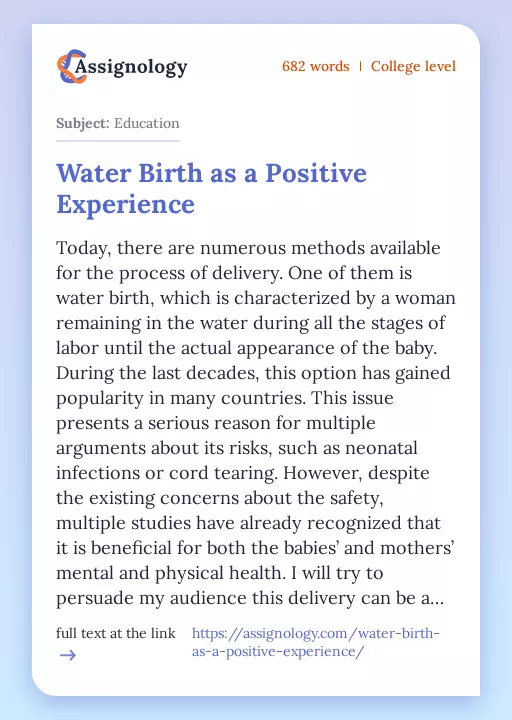 Water Birth as a Positive Experience - Essay Preview