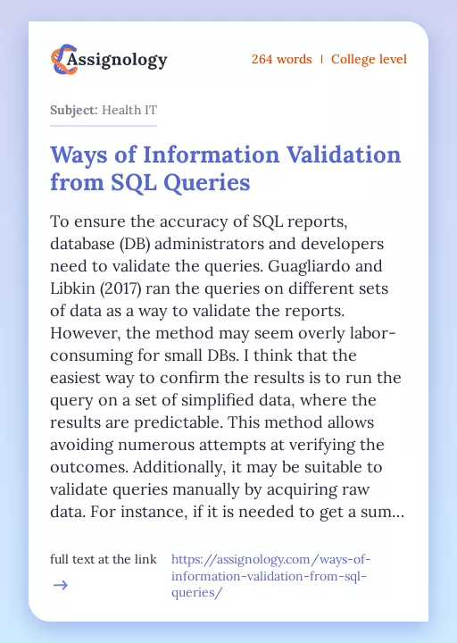 Ways of Information Validation from SQL Queries - Essay Preview