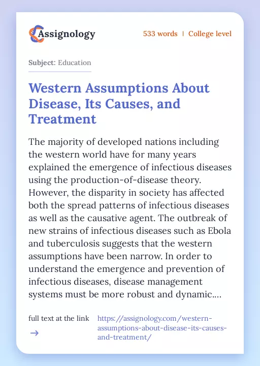 Western Assumptions About Disease, Its Causes, and Treatment - Essay Preview