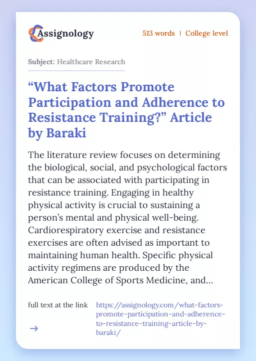 “What Factors Promote Participation and Adherence to Resistance Training?” Article by Baraki - Essay Preview