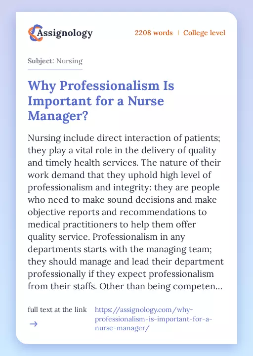 Why Professionalism Is Important for a Nurse Manager? - Essay Preview