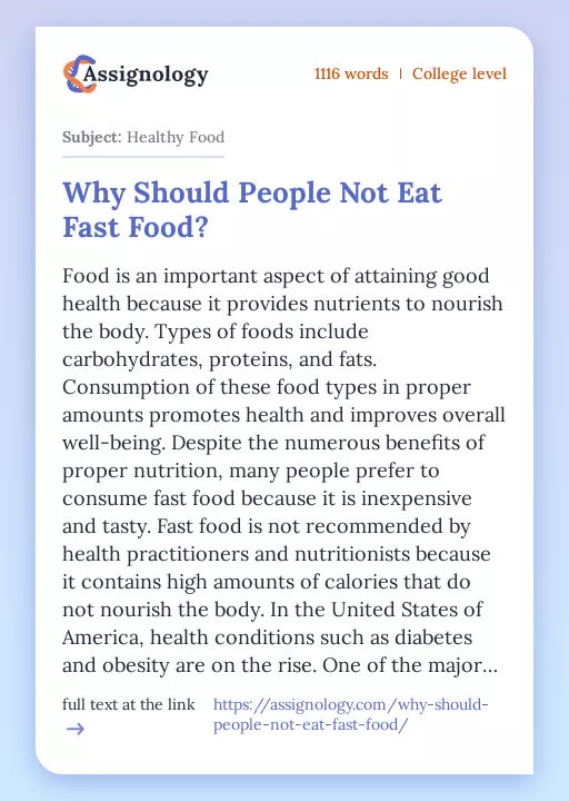 Why Should People Not Eat Fast Food? - Essay Preview
