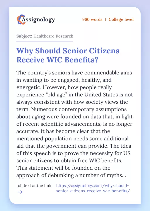 Why Should Senior Citizens Receive WIC Benefits? - Essay Preview