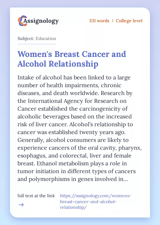 Women's Breast Cancer and Alcohol Relationship - Essay Preview