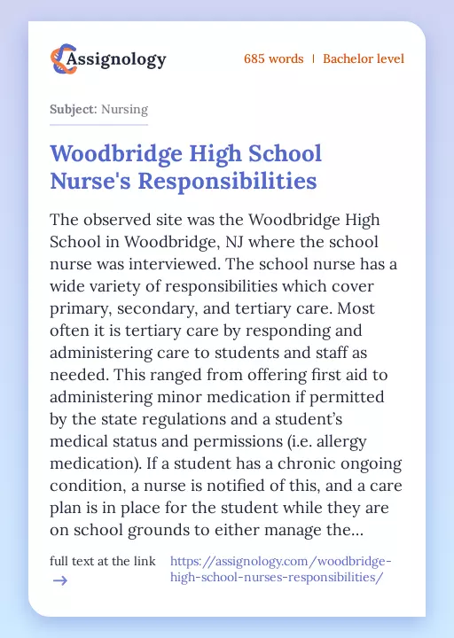 Woodbridge High School Nurse's Responsibilities - Essay Preview