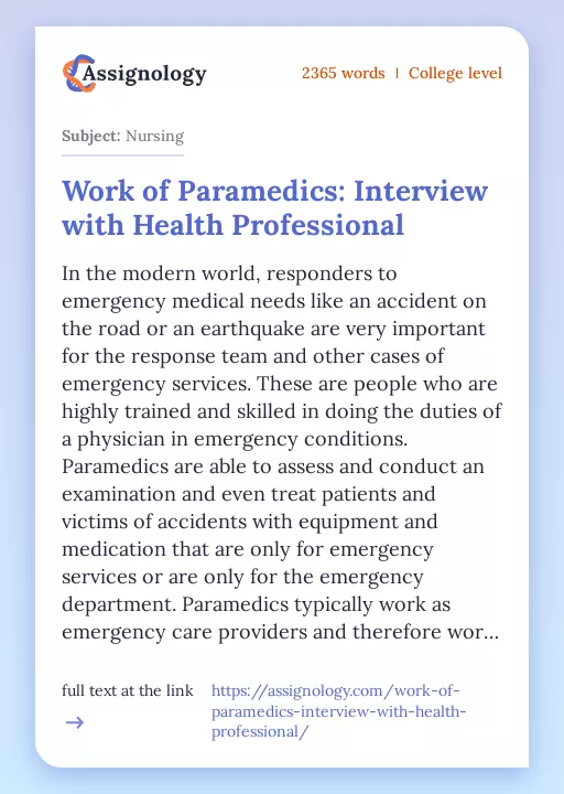 Work of Paramedics: Interview with Health Professional - Essay Preview