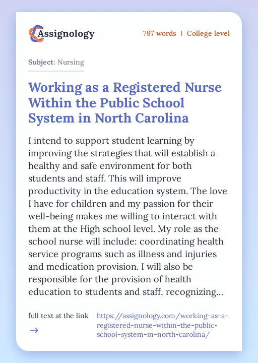 Working as a Registered Nurse Within the Public School System in North Carolina - Essay Preview