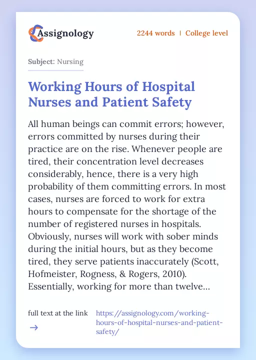 Working Hours of Hospital Nurses and Patient Safety - Essay Preview