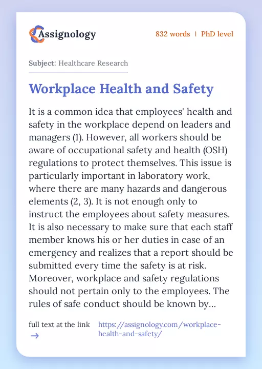 Workplace Health and Safety - Essay Preview