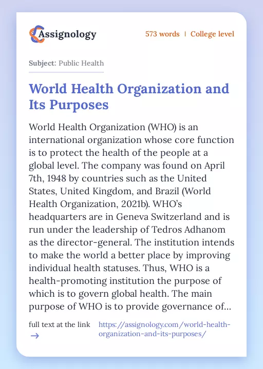 World Health Organization and Its Purposes - Essay Preview